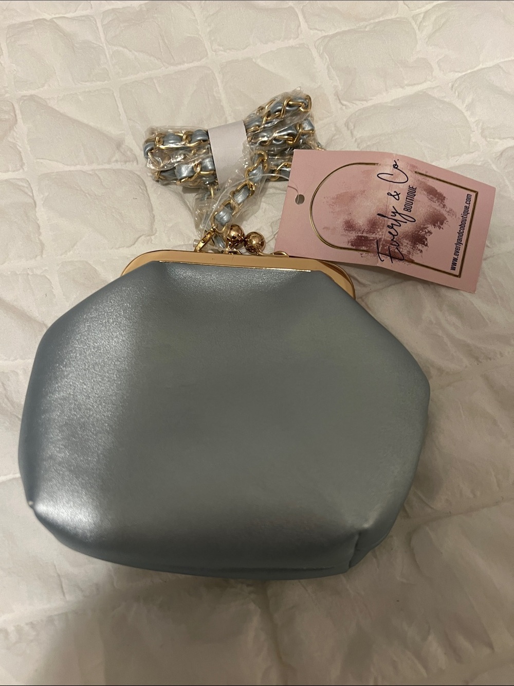 Fergie Light Blue Satin Frame Clutch with Chain Strap